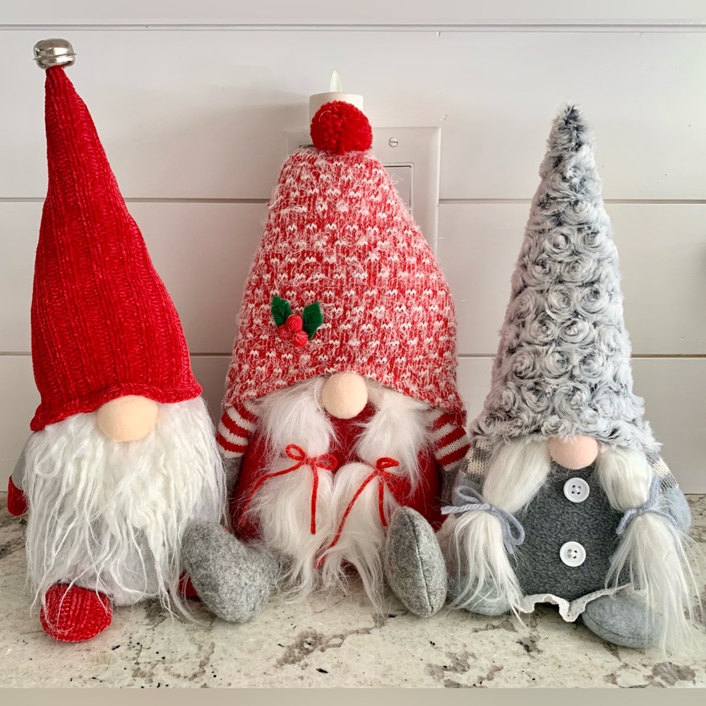 Festive Gnome Trio with Red and Gray Hats